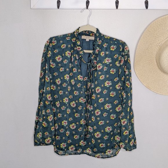 LOFT Tops - LOFT Floral Tie Neck Blouse Sz Small
